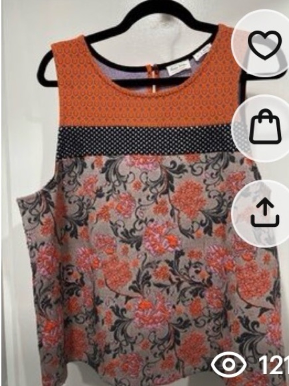 Anthropologie Orange & Pink Floral Sleeveless Tank with Textured Yoke XLarge